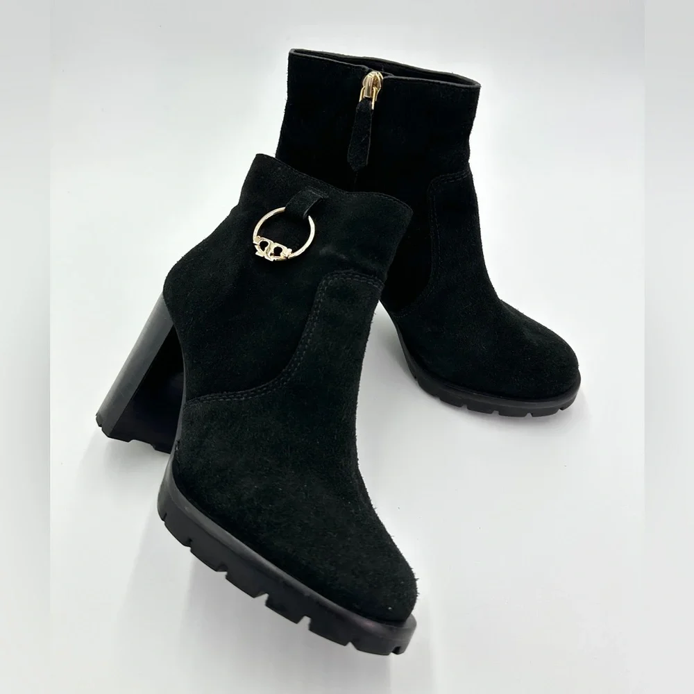 Tory Burch Sofia Black suede lug sole‎ platform booties sz 6 leather